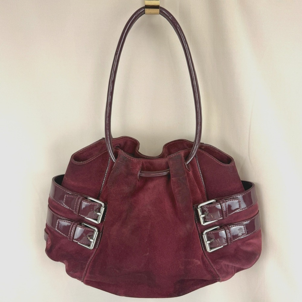 COLE HAAN|Burgundy Suede Patent Hobo Purse Buckle Y2K Distressed Indie Roomy